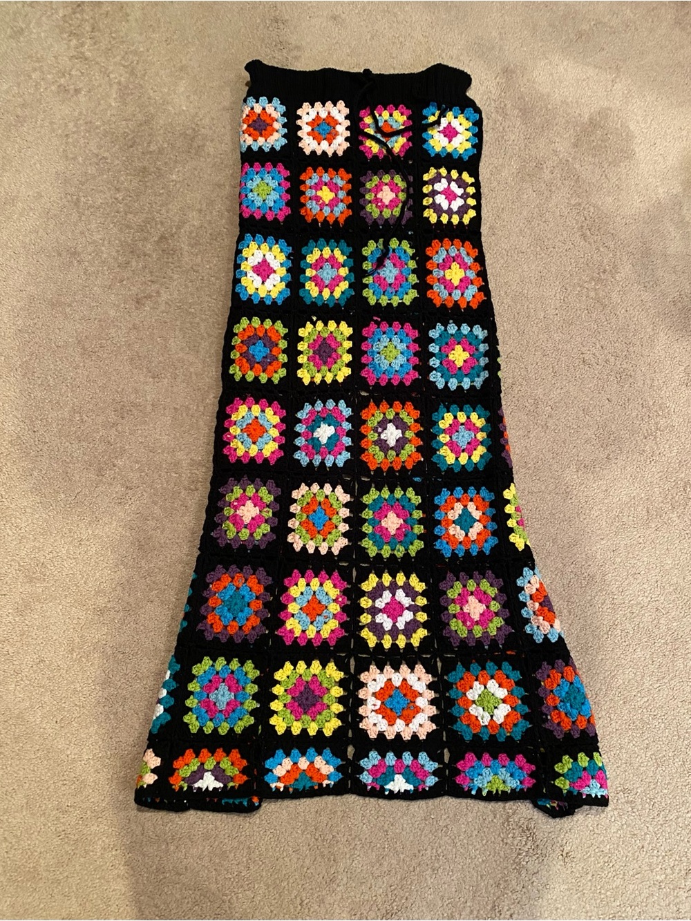 Edikted Black Crochet Maxi Skirt with Multicolor Granny Squares